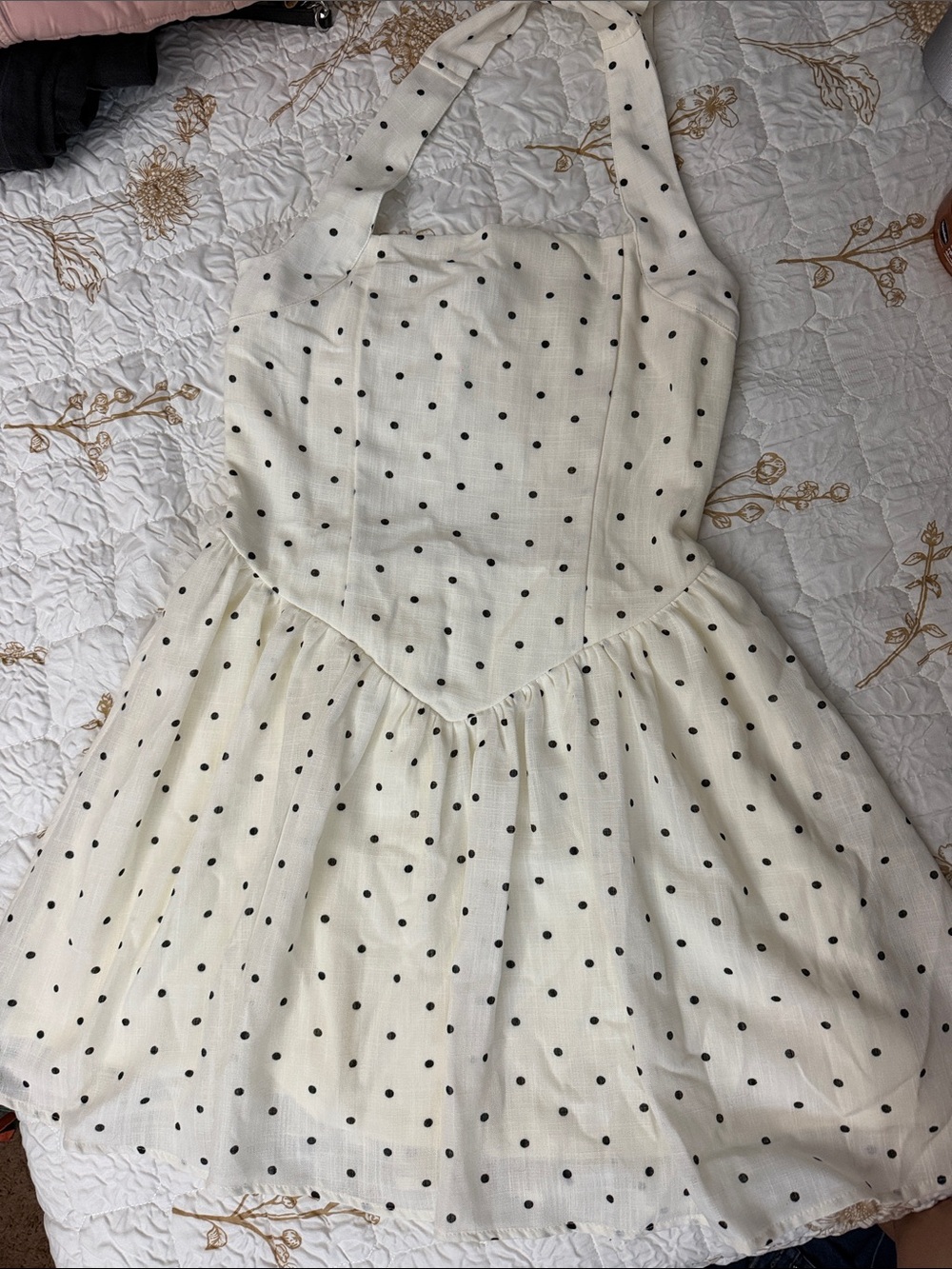Sincerely Jules Cream Halter Mini Dress with Black Polka Dots - Picture 3 of 6